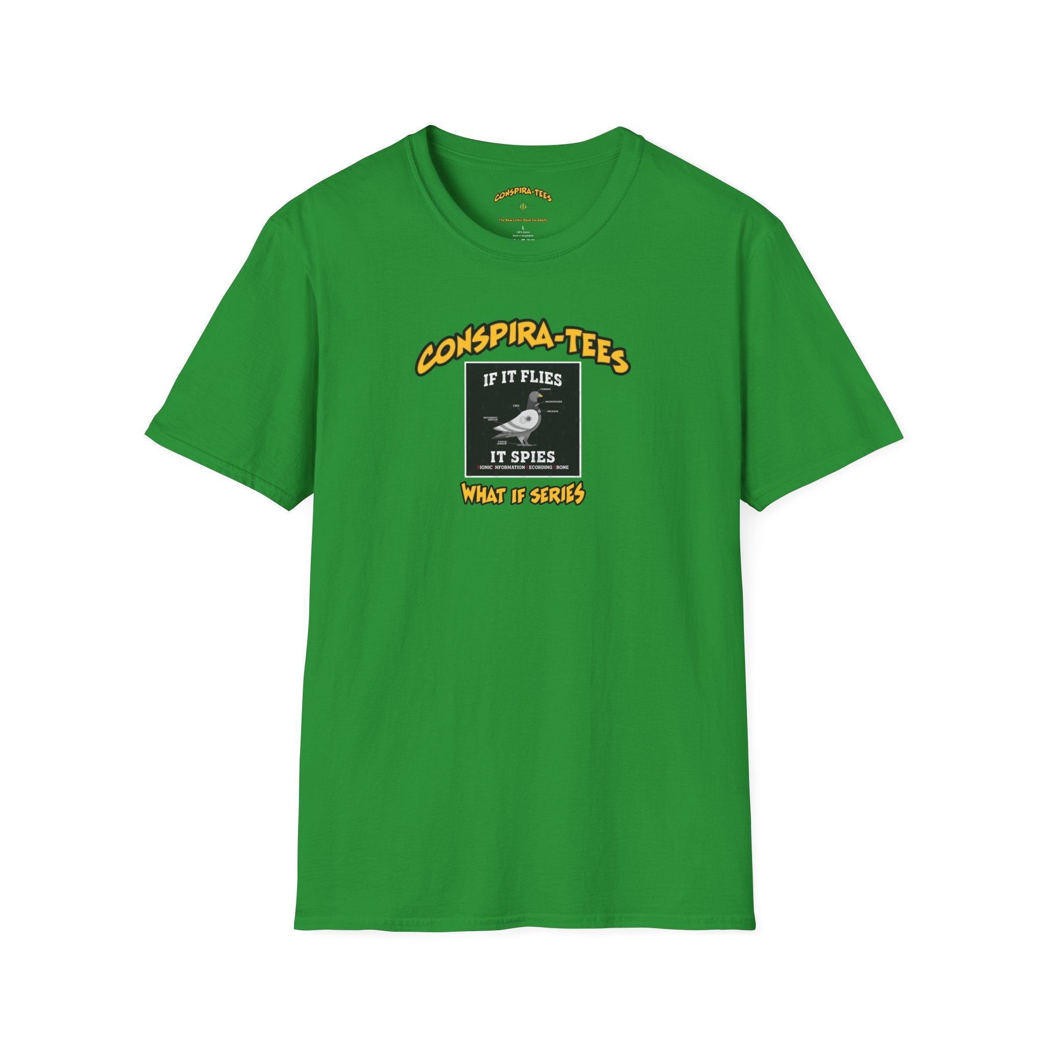Birds are Drones Conspira-tee. This one is a parody designed to fight misinformation with satire, mocking real, dangerous conspiracy theories by creating a more absurd one.