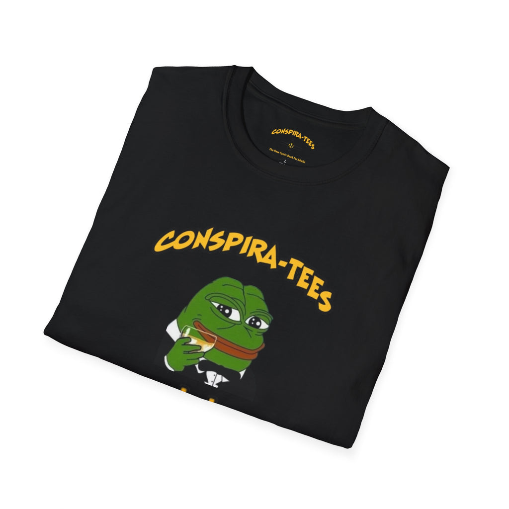 Kek Conspira-tee. Pepe at one point in time was the face of conspiracy memes on 4 chan and 8 chan. Kek is netspeak for lol. Mocking your enemy.