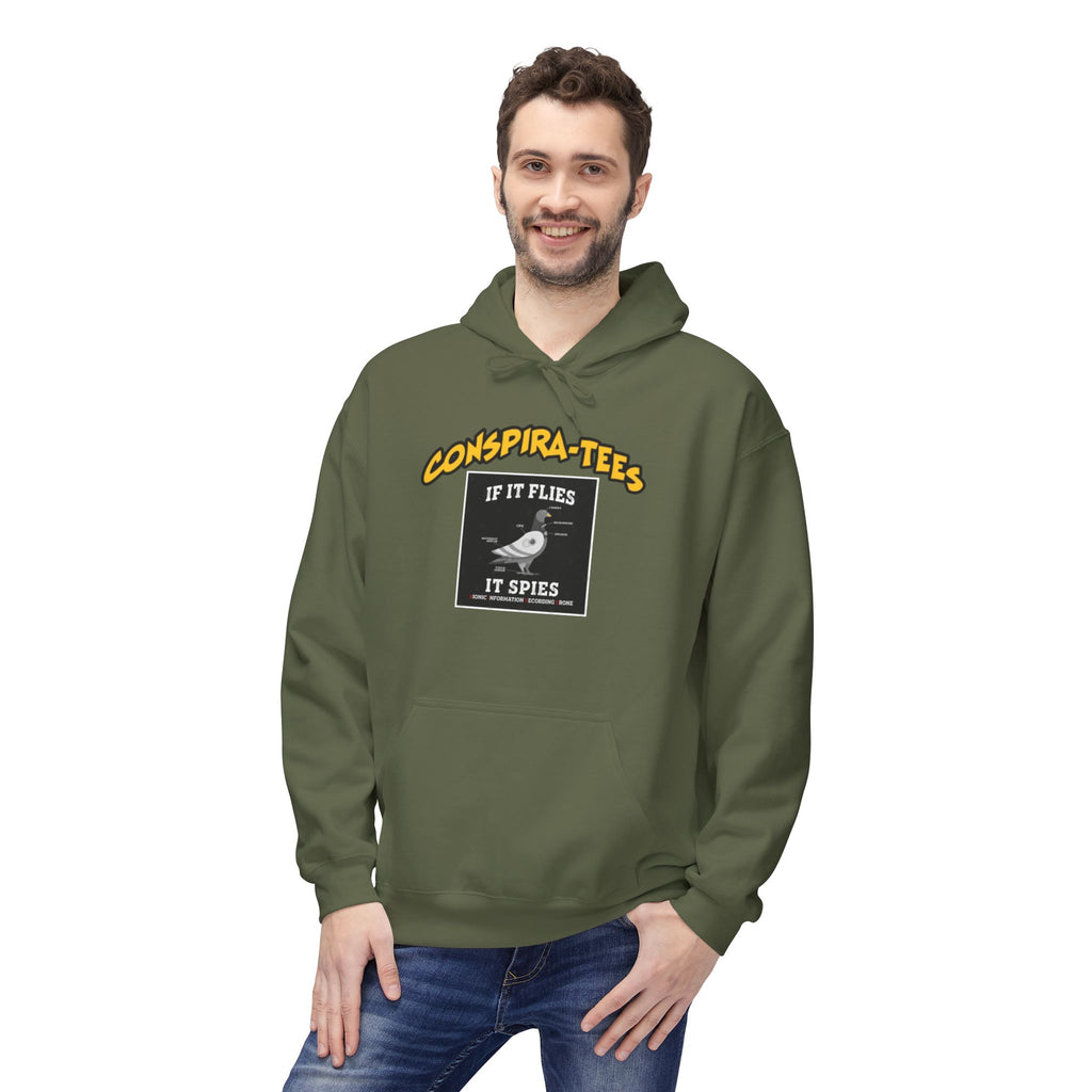 Birds are Drones Conspira-tee. This one is a parody designed to fight misinformation with satire, mocking real, dangerous conspiracy theories by creating a more absurd one.