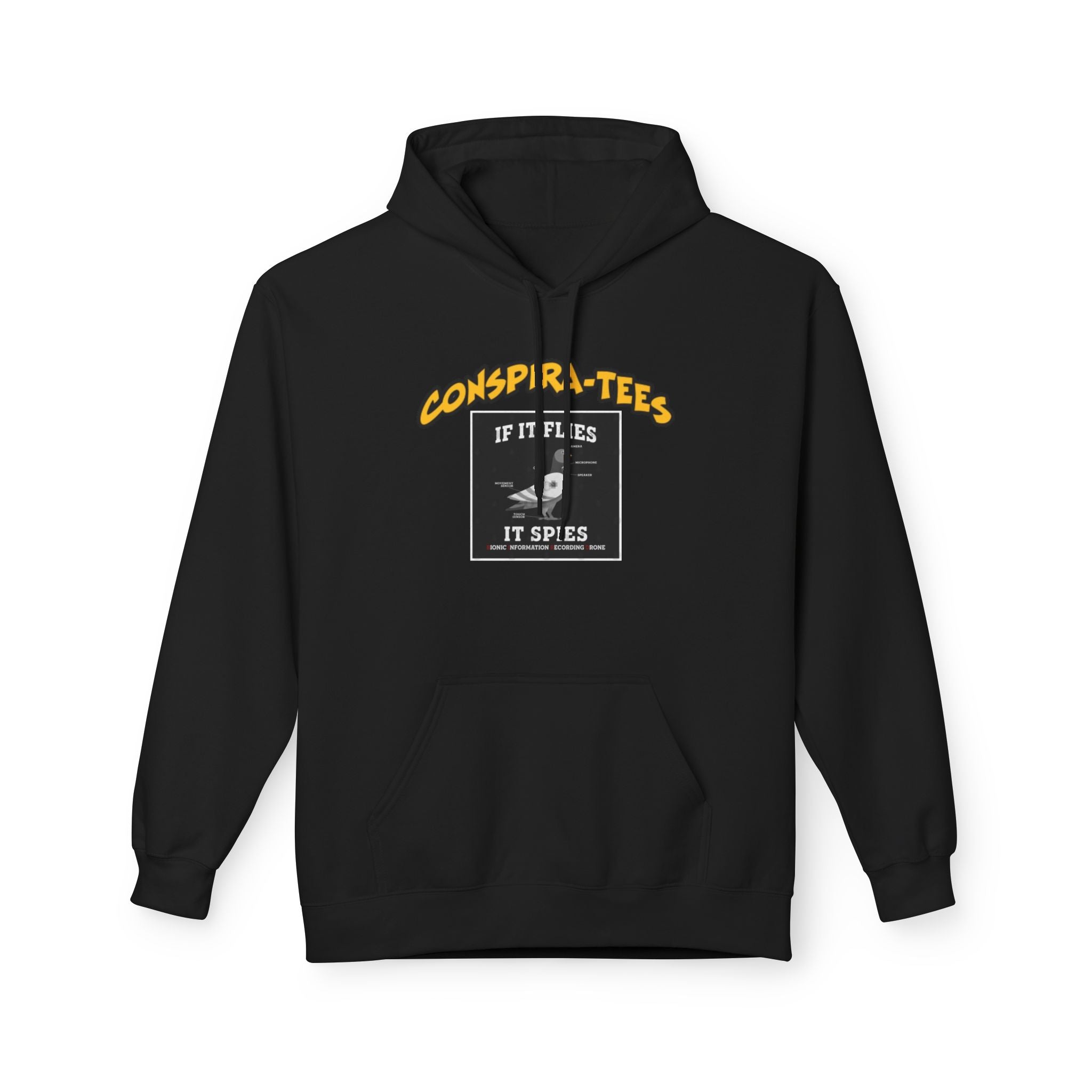 Birds are Drones Conspira-tee. This one is a parody designed to fight misinformation with satire, mocking real, dangerous conspiracy theories by creating a more absurd one.