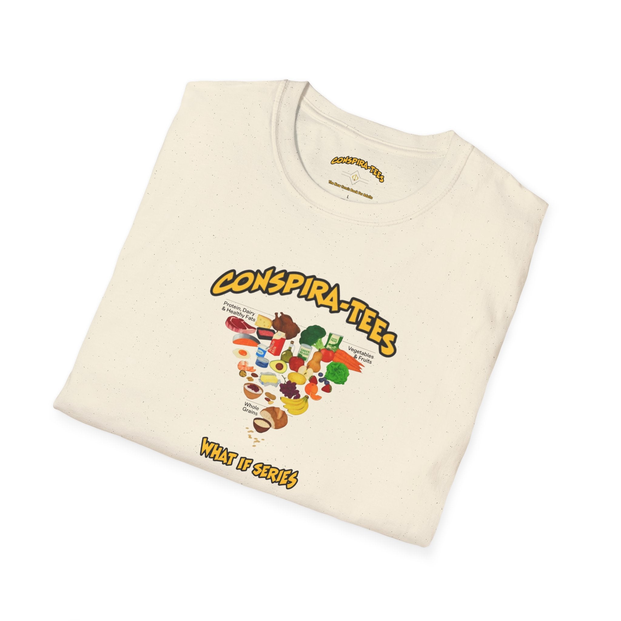 Upside down food pyramid Conspira-tee. An "[inverted] food pyramid" championed by RFK Jr. to prioritize protein, healthy fats, and dairy while downplaying processed foods...