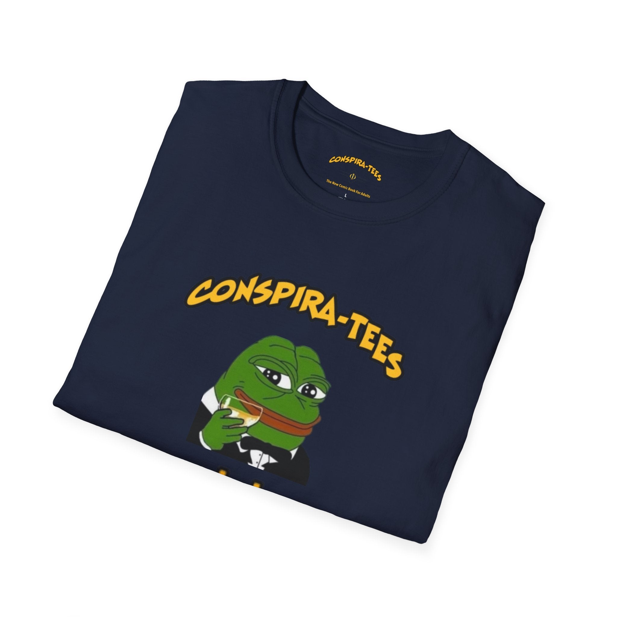 Kek Conspira-tee. Pepe at one point in time was the face of conspiracy memes on 4 chan and 8 chan. Kek is netspeak for lol. Mocking your enemy.